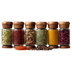 Six glass jars filled with colorful spices isolated on transparent background, arranged in a row, showcasing culinary ingredients
