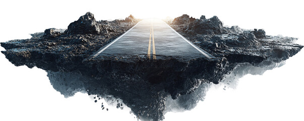 Surreal landscape with road on floating island isolated on transparent background, symbolizing journey, adventure, and imagination