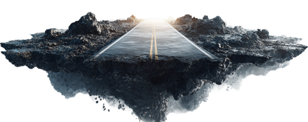 Surreal landscape with road on floating island isolated on transparent background, symbolizing journey, adventure, and imagination