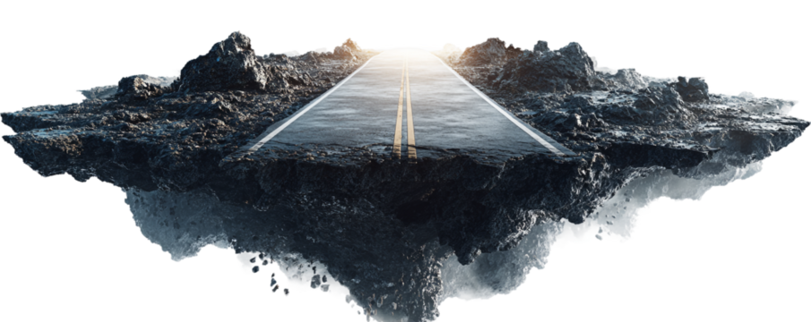 Surreal landscape with road on floating island isolated on transparent background, symbolizing journey, adventure, and imagination