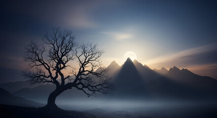 Solitary tree silhouette against mystical mountain range and moonlit sky backdrop scenery