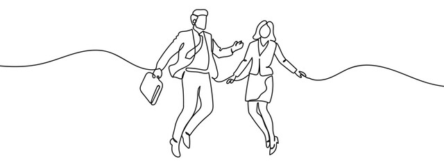 Continuous line vector illustration of business people man and woman floating in the air. Editable stroke.