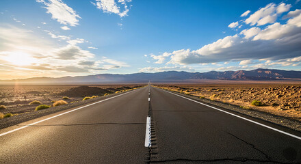 Open Road to Horizon: A captivating visual narrative of an open road stretching endlessly towards a distant horizon beneath a sky full of puffy clouds, embodies the spirit of journey and exploration.
