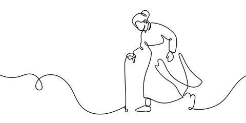 Continuous line vector illustration of a grandmother walking with a cane. Strokes are editable.