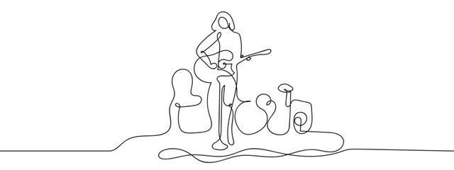 Continuous line vector illustration of a female musician. Editable stroke.