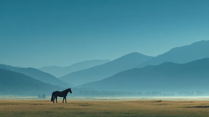 Horse standing alone in a vast field with mountains under a clear blue sky at sunrise