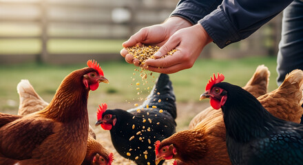Feeding time with chickens: Farmer cares for poultry by hand with wholesome feed