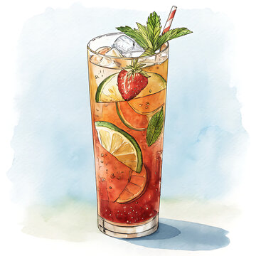 Refreshing watercolor pimm's cup cocktail with fruit ice and mint garnish