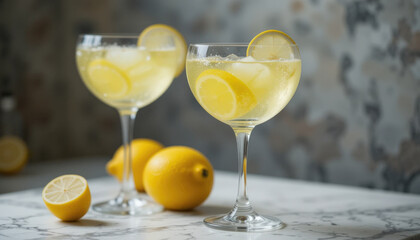 Lemonade in Stemware with Ice and Lemon Slices