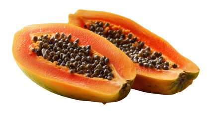 Fresh papaya fruit halves isolated on white background, showcasing vibrant orange flesh and black seeds.
