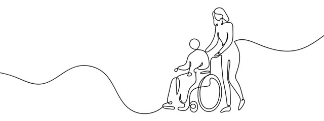 Continuous vector line of a person in a wheelchair, stroke editable.