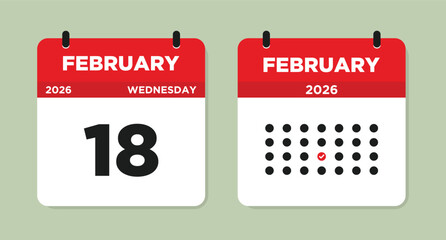18 February calendar page. February 18 2026 Wednesday Calendar Page Vector Illustration. Day calendar with date February 18. Week Starts on Sunday. Modern Flat Design Monthly Planner Template
