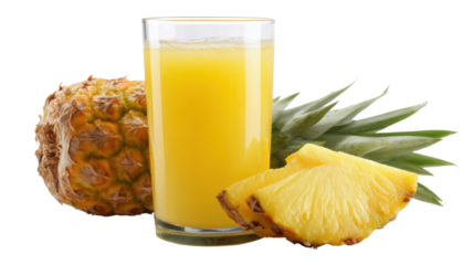 Fresh pineapple juice in a glass with whole and sliced pineapple, bright and refreshing on a white background.