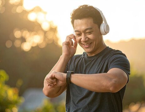 Smiling Man Checking Smartwatch After Workout Outdoors