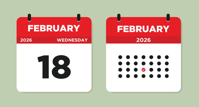 18 February calendar page. February 18 2026 Wednesday Calendar Page Vector Illustration. Day calendar with date February 18. Week Starts on Sunday. Modern Flat Design Monthly Planner Template