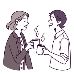 Two smiling people enjoying a warm beverage together in a friendly conversation over coffee or tea