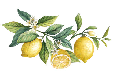 Lemon Fruit Branch with flower. Hand drawn watercolor illustration of yellow tropical citrus Food on white isolated background. Drawing of lemon tree with green leaves. Sketch of juicy  lemons and lea