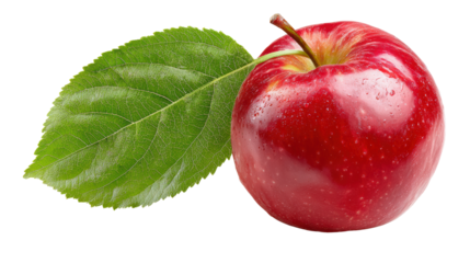 Fresh red apple with green leaf, isolated on white background.