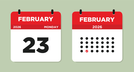 February 23 2026 Monday Calendar Page Vector Illustration. 23 February calendar page.  Modern Calendar template icon. Checklist day calendar. Week Starts on Sunday.