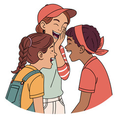 Three diverse young girls sharing secrets and laughing together in a playful illustration style