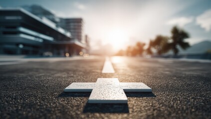 Urban road with plus sign, sunlight
