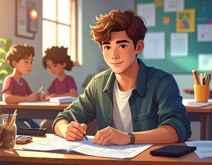 Smiling Student Studying in Classroom with Sunlight