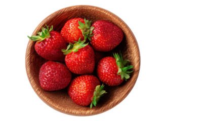 Fresh strawberries in a wooden bowl on a white background.
