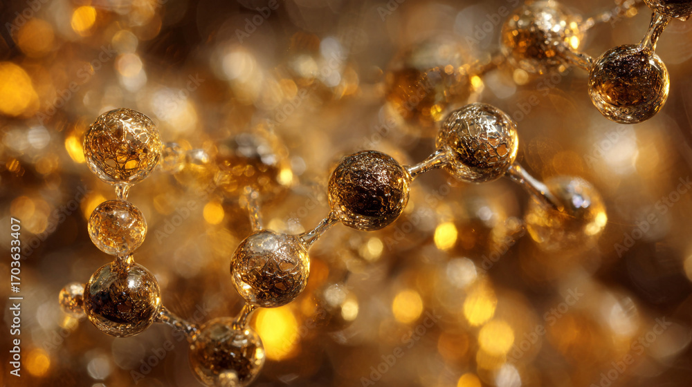 Poster golden spheres connected in a chain against a bokeh background