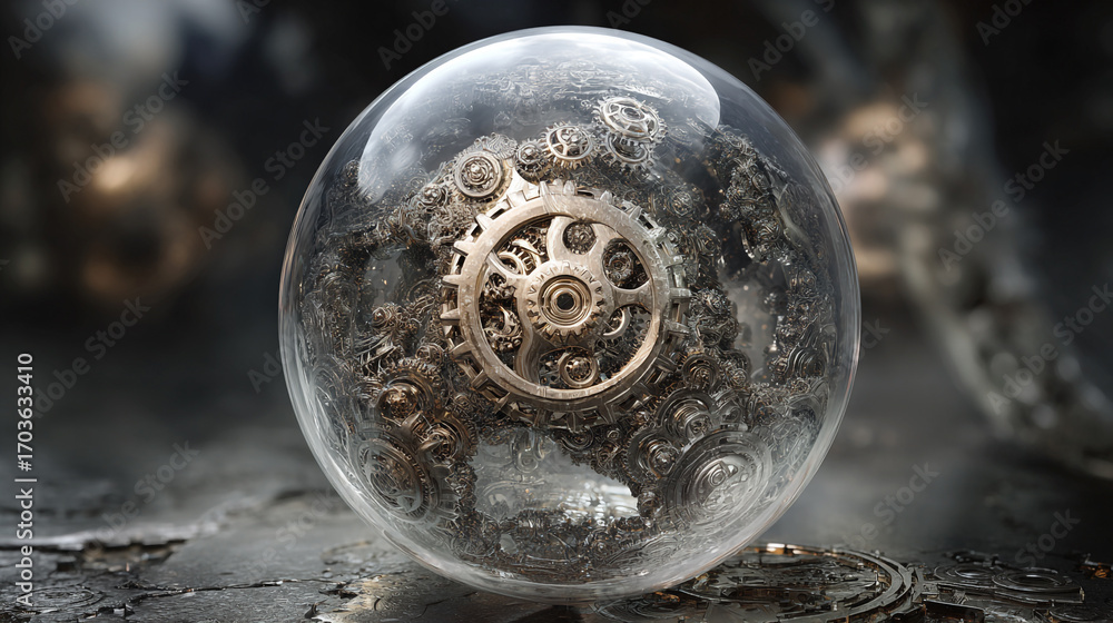 Poster intricate clockwork mechanism encased in a glass sphere resting on a metallic surface