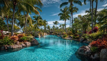 Tropical pool oasis under a bright sky
