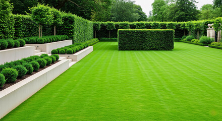 Botanical Garden: Lush botanical garden with manicured landscape. showcasing vibrant green, symmetry, harmony, and botanical beauty. 