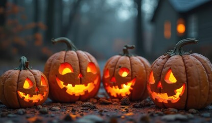 Four glowing jack-o'-lanterns on a misty path in a forest, evoking a festive Halloween atmosphere