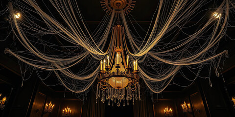 Elegant chandelier covered in cobwebs inside dark gothic room, eerie haunted atmosphere with mysterious lighting perfect for spooky Halloween background and horror design
