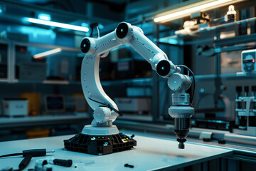 A futuristic engineering lab with advanced robotics kits, digital fabrication tools, and AI design software