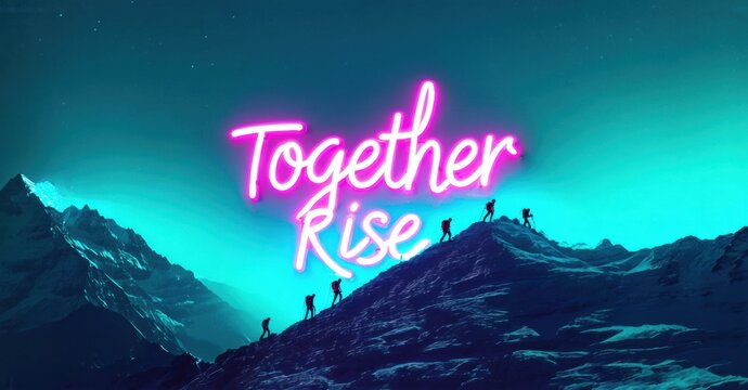Mountains backdrop vibrant neon text Together Rise. Silhouettes climb peak, inspiring unity, strength, hope. Dramatic lighting creates powerful visual impact.