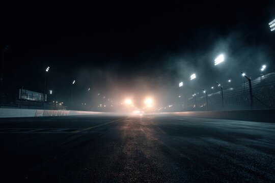 Empty race track at night, shrouded in fog - Powered by Adobe