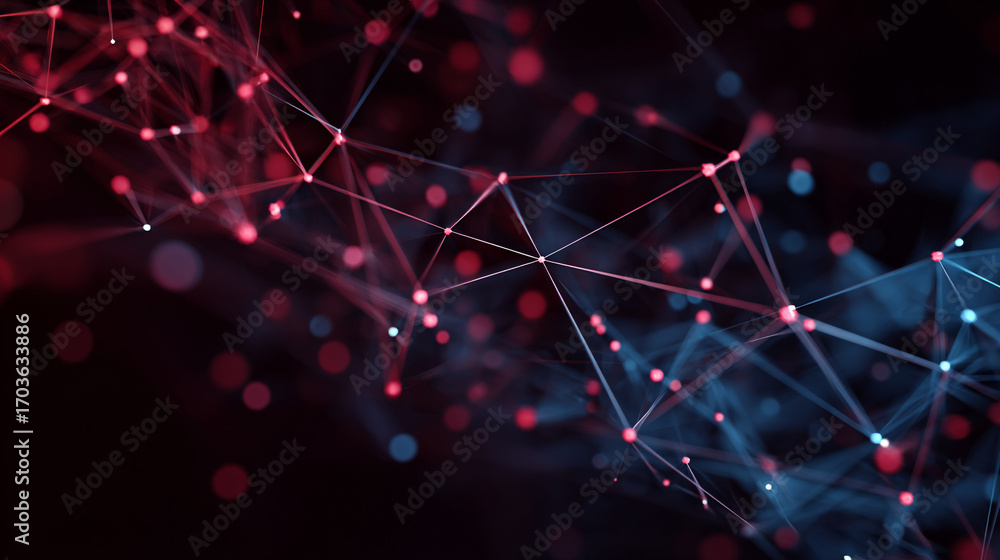 Poster abstract network connection glowing nodes and lines dark background red and blue lights
