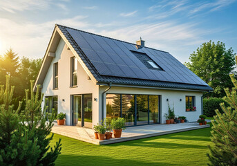 Modern Home with Solar Panels: A contemporary home integrates sustainable energy, showcasing sleek solar panels on its roof, surrounded by a lush green lawn.