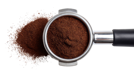 Freshly ground coffee in a portafilter on a black background.