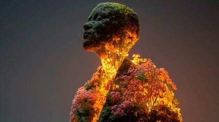 Stunning human form sculpted from vibrant greenery and illuminated by glowing orange blossoms, symbolizing nature's powerful rebirth and growth.