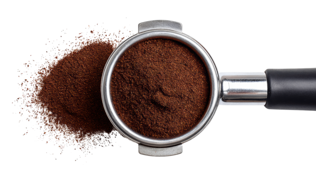 Freshly ground coffee in a portafilter on a black background.