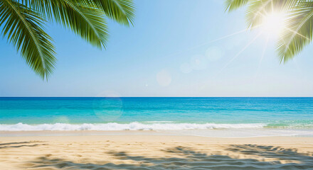 Tropical Beach Paradise: A serene tropical beach scene, with clear turquoise water, sun-kissed sand, and lush palm trees. Capturing the essence of summer and the allure of a perfect vacation.