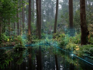 Obraz premium Forest scene with water reflecting tall trees and digital overlays