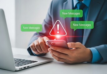 A man in a suit checking his smartphone for new messages amidst a busy work environment.