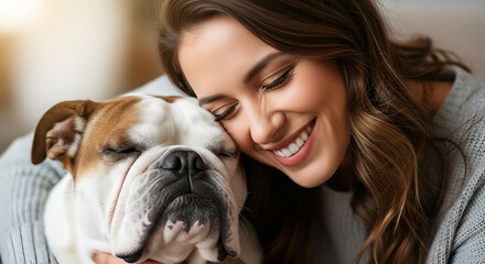 Woman Cuddles Contented Bulldog: Pure Happiness at Home