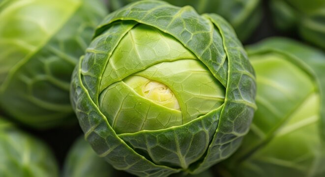 Macro shot of fresh green brussel sprouts, close up healthy vegetable
