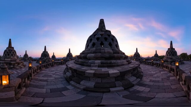 Borobudur Stupa Panorama: Ancient Buddhist Temple at Sunset