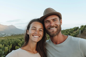 Happy couple takes cheerful selfie with scenic mountain landscape in sunny background.
