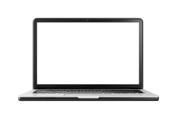 Sleek laptop with a blank white screen isolated on transparent background, ideal for showcasing web design and presentations