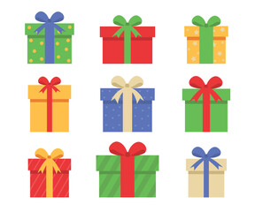 Christmas gift box vector set. Cartoon holiday presents with ribbon bows. Festive surprise package for birthday celebration
